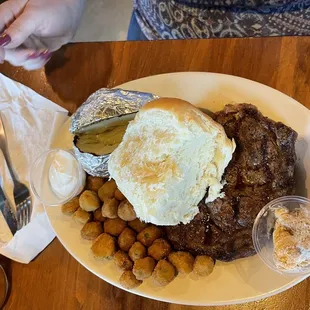 12oz  ribeye with fried okra and baked potato