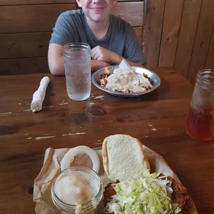 Barn bowl with chicken and corn and the fried pork sandwich