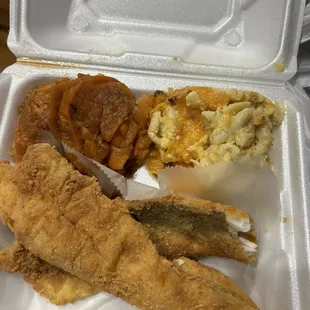 Fish, Mommas Cheesy Mac &amp; Cheese, Candied Yams