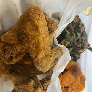 Chicken wings greens yams