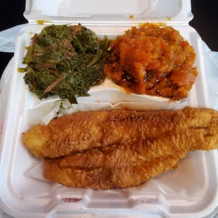 Collards, sweet potatoes and catfish