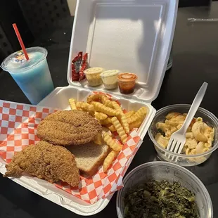 2 PC Catfish With 3 Sides of your choosing. Also got a daiquiri mixed with pina colada and hypnotic.