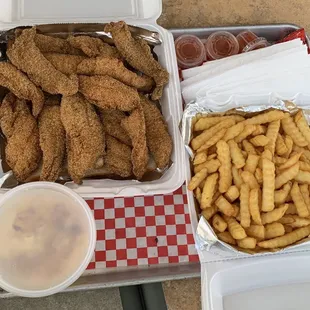 family pack of catfish tenders w/ side of fries + mac 'n cheese