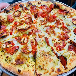 a person holding a pizza with pepperoni and other toppings