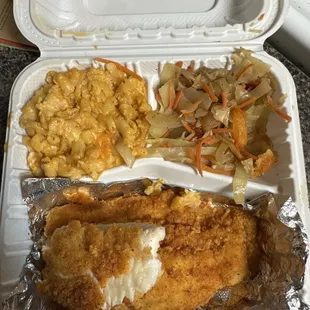 Fried Cabbage, Mac &amp; cheese, catfish