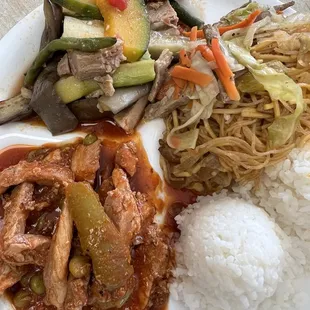 Pork Gisantes, Pinakbet, and  Pancit Mixed Plate