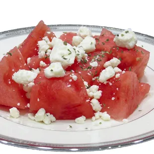 Watermelon with feta cheese and a touch of mint