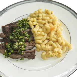 Flap Steak with Chimichurri Sauce and paired with Mac-N-Cheese