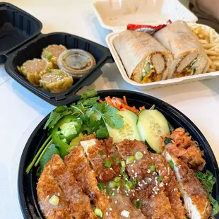 Fried Chicken Bowl, Pork Shumai Dumpling, The Chick Banh
