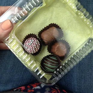 Truffles and soft center chocolates: champagne, Irish cream, strawberry cheesecake, and creme brûlée.