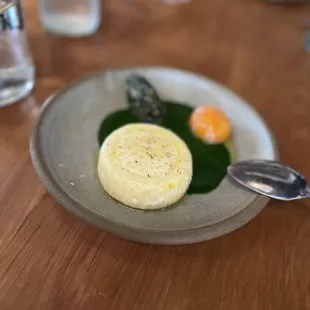 This is the Sformato of house-made ricotta with spinach, nutmeg and egg yolk!