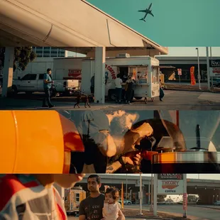 a woman sitting on a bench in front of an airport