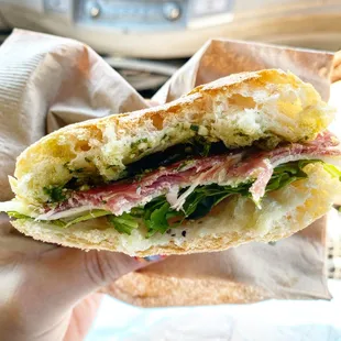 Salami sandwich! The pesto! The fresh bread!