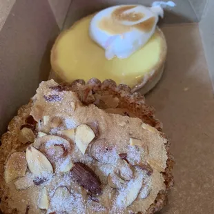 Financier ($6.58); Lemon Merengue Tart ($7)