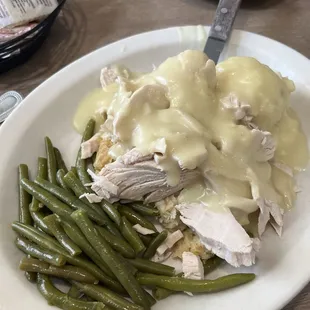 Turkey over stuffing with mash and green beans... so good!