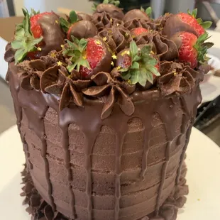 Chocolate with Ganache, Macerated Strawberries, Chocolate Buttercream, and Chocolate Dipped Strawberries, Egg-free, Dairy-free