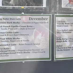 December 2022 specials! Peppermint Bark mocha sooo delicious. FYI they are out of eggnog