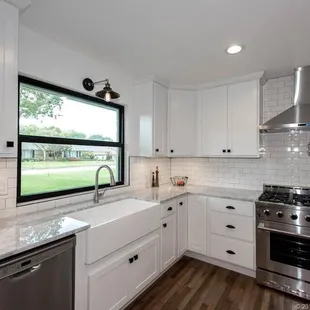 Black windows in a modern farmhouse style kitchen.