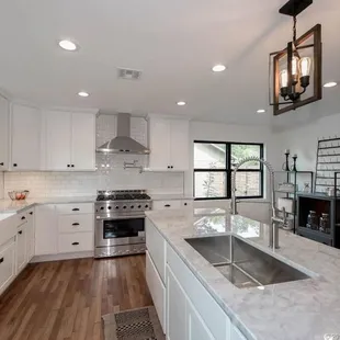 Black windows in a modern farmhouse style kitchen.