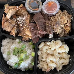 Freddy's Hawaiian Plate- teriyaki chicken, pulled pork, marinated steak, with rice &amp; Mac salad