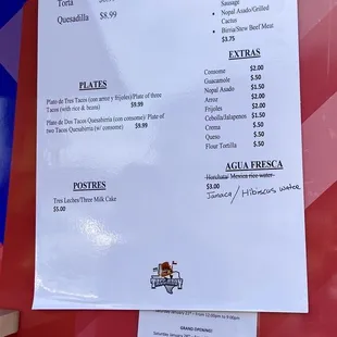 Menu and hours