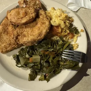 Toughest turkey chops ever, really good greens and mac