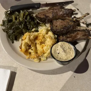 Lamb chops, mac and greens