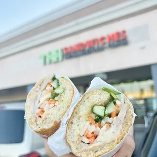 a hand holding a sandwich