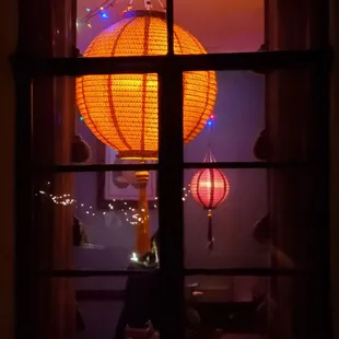 a lantern in a window
