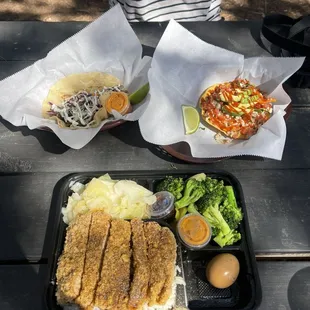 Song La's Fried Pork Plate sub braised tofu for braised egg add longhorn sauce, Cj's ceviche