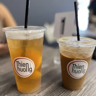 Peach ice tea and Vietnamese Ice coffee