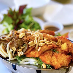 Thịt Bò Xào Hành+Chả Cá Lã Vọng: Stir-fried Beef+Turmeric Fish Combo w/ rice noodles, veggies | $29.95 + $2 Bánh Tráng (rice paper)