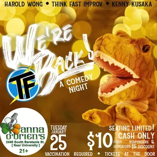 a t - rex with the words we&apos;re brazil a comedy night