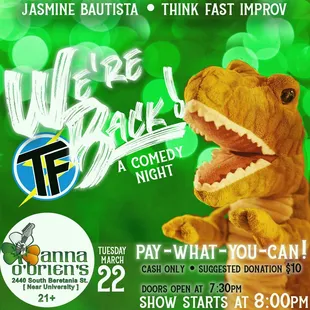 March 22nd 2022 Think Fast Improv Comedy We&apos;re Back! Stand up comic Jasmine Bautista at Anna O&apos;Brien&apos;s