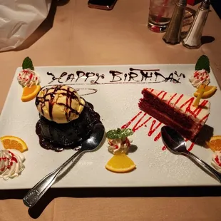 Molten lava cake and red velvet cheesecake