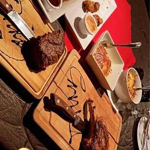 Ribeye, filet, onion rings, Mac&amp; cheese