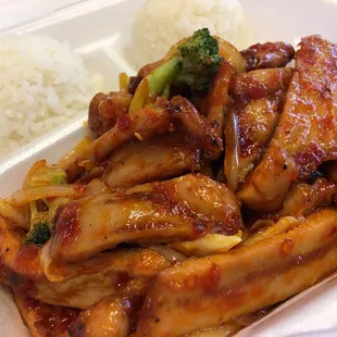 The $6.50 spicy chicken lunch special. Very good and hot (temperature and spicy.)