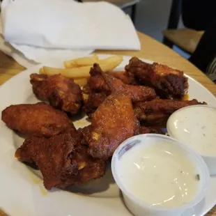 Buffalo wings with ranch and bleu cheese.