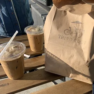 Outdoor seating and coconut iced coffee