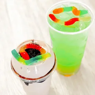 a drink and gummy bears