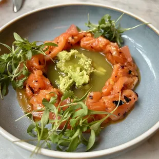 Salmon crudo w/ drinkable, lick-the-plate sauce poured tableside