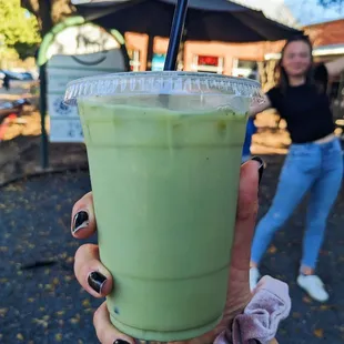 16oz iced matcha latte with simple syrup ($5)