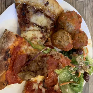 Salad, pizza and just look at those meatballs!