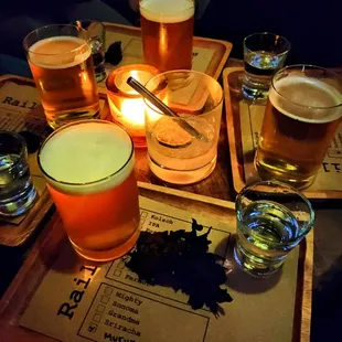 a tray of beer glasses on a table