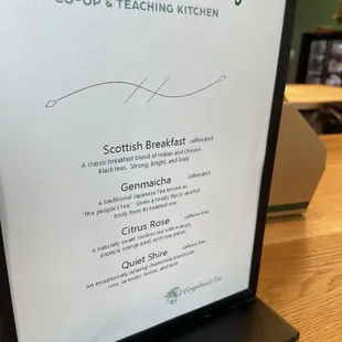 Tea menu