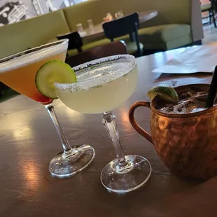 Upside down pineapple martini, Cilantro Jalepeno Margarita and Moscow Mule.