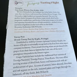 Menu for he Thanksgiving Tasting Flights.