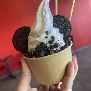 Taro and coconut in a cup with Oreos and pocky