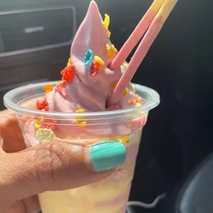 Pineapple and Strawberry ice cream with Strawberry Pocky and Fruity Pebbles