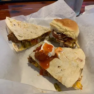 Half order of Quesadilla and half a cheeseburger, we split.